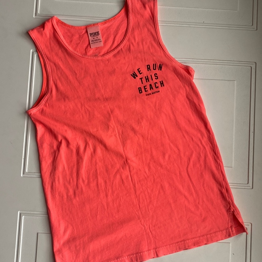 Victoria Secret Pink “We Run this Beach”‎ Tank Top Florescent Orange XS